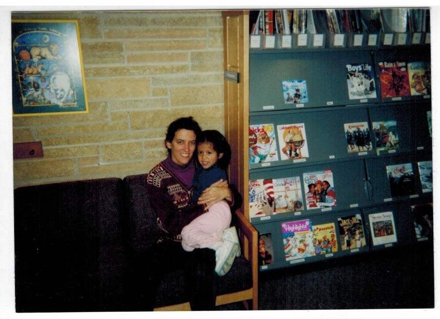 Mom and daughter Telma at the library in 2002
