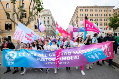 Members of an Italian pro-life and pro-family organization marched in the &quot;Demonstration for Life&quot; May 20, 2023, with a banner saying &quot;There&#039;s life in the mother&#039;s womb. Let&#039;s care for it. #stopabortion&quot;