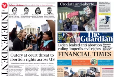 Screenshots of newspaper headlines from May 4, 2022, including the Independent, La Stampa, and The Guardian.