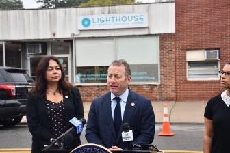 Dem Rep. Josh Gottheimer in front of Lighthouse Pregnancy Center at his Oct. 6 anti-pregnancy help press conference
