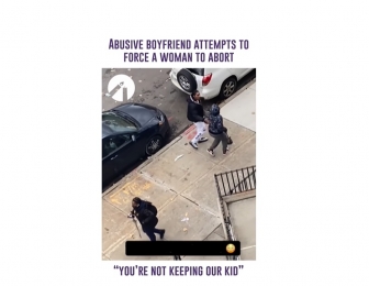 A man pulls a woman, attempting to force her to have an abortion.