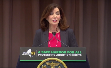 New York Governor Kathy Hochul speaks at the press conference announcing the Limited Services Pregnancy Center Act